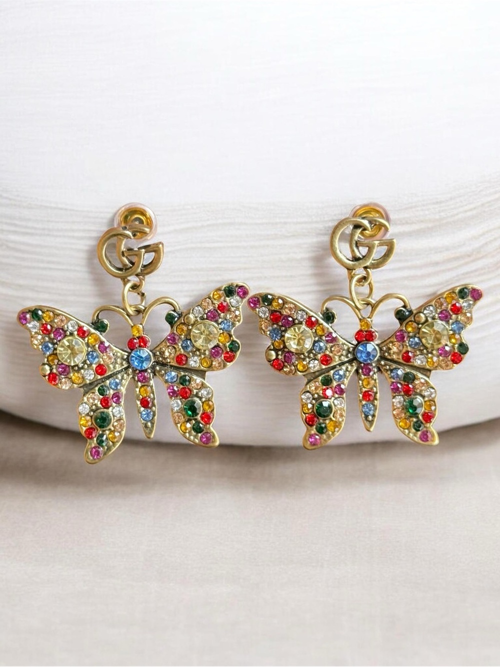 Gold Butterfly Drop Earrings with Multicolor Stones